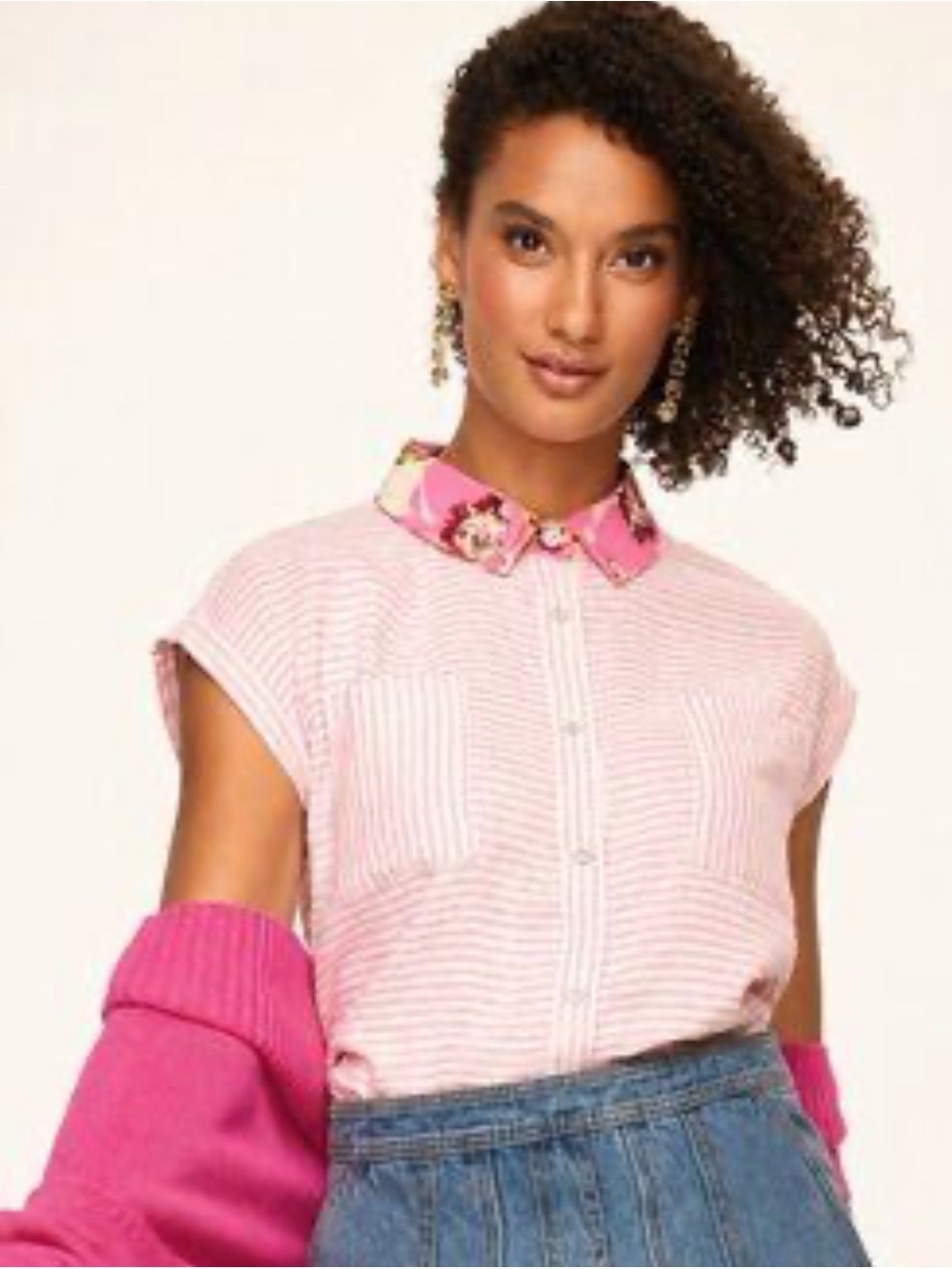Cabi Striped Cap-Sleeve Button-Up Top with Floral Collar